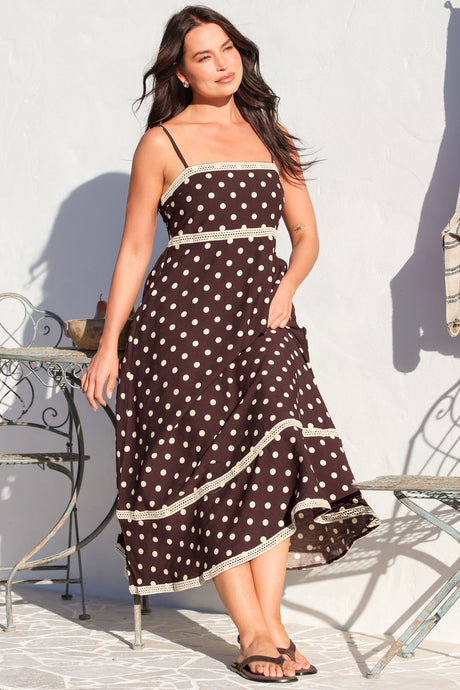 Novalie Midi Dress - Spaghetti Strap Sun Dress with Lace Splicing and Pockets in Polka Chocolate