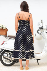 Novalie Midi Dress - Spaghetti Strap Sun Dress with Lace Splicing and Pockets in Polka Navy