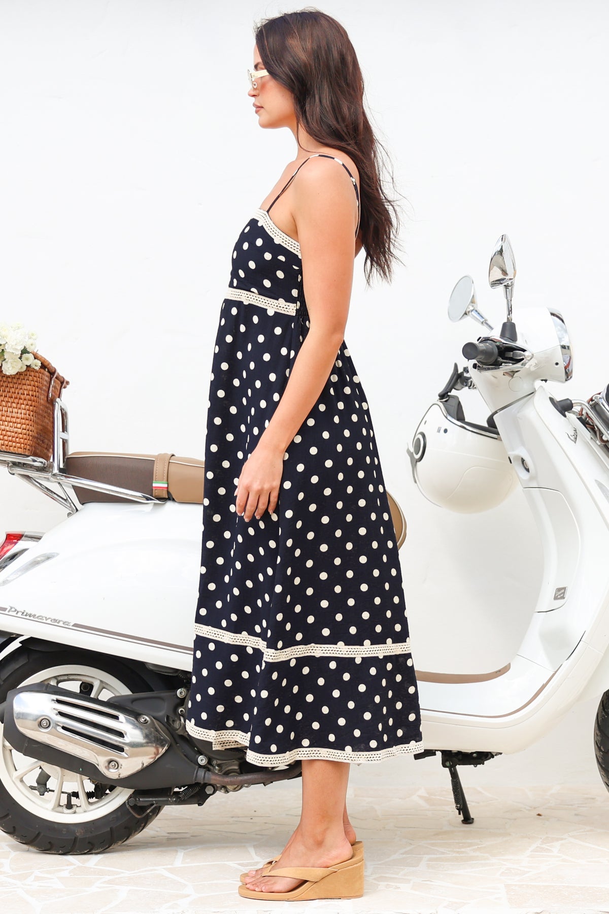 Novalie Midi Dress - Spaghetti Strap Sun Dress with Lace Splicing and Pockets in Polka Navy