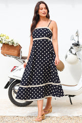 Novalie Midi Dress - Spaghetti Strap Sun Dress with Lace Splicing and Pockets in Polka Navy