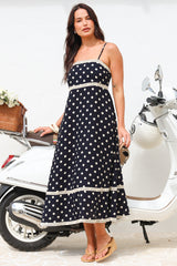 Novalie Midi Dress - Spaghetti Strap Sun Dress with Lace Splicing and Pockets in Polka Navy