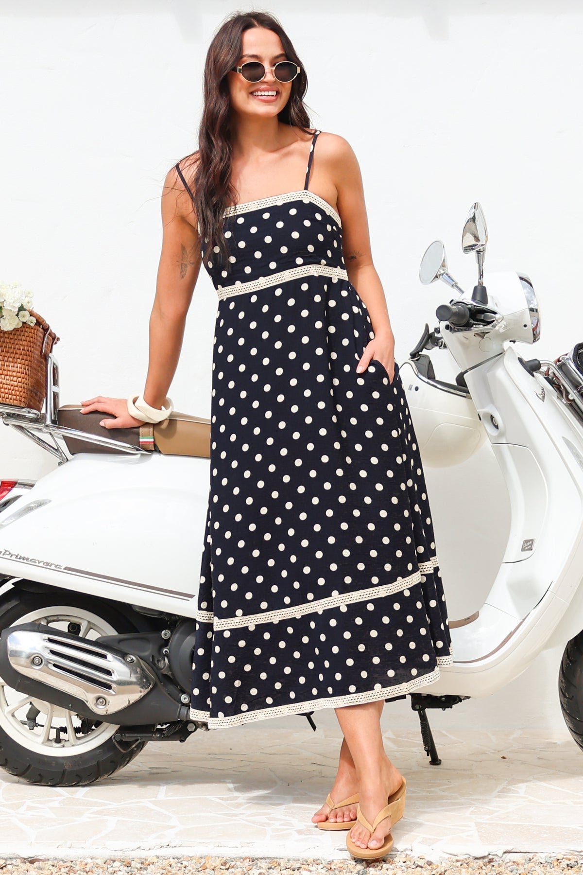 Novalie Midi Dress - Spaghetti Strap Sun Dress with Lace Splicing and Pockets in Polka Navy