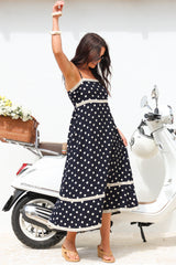 Novalie Midi Dress - Spaghetti Strap Sun Dress with Lace Splicing and Pockets in Polka Navy