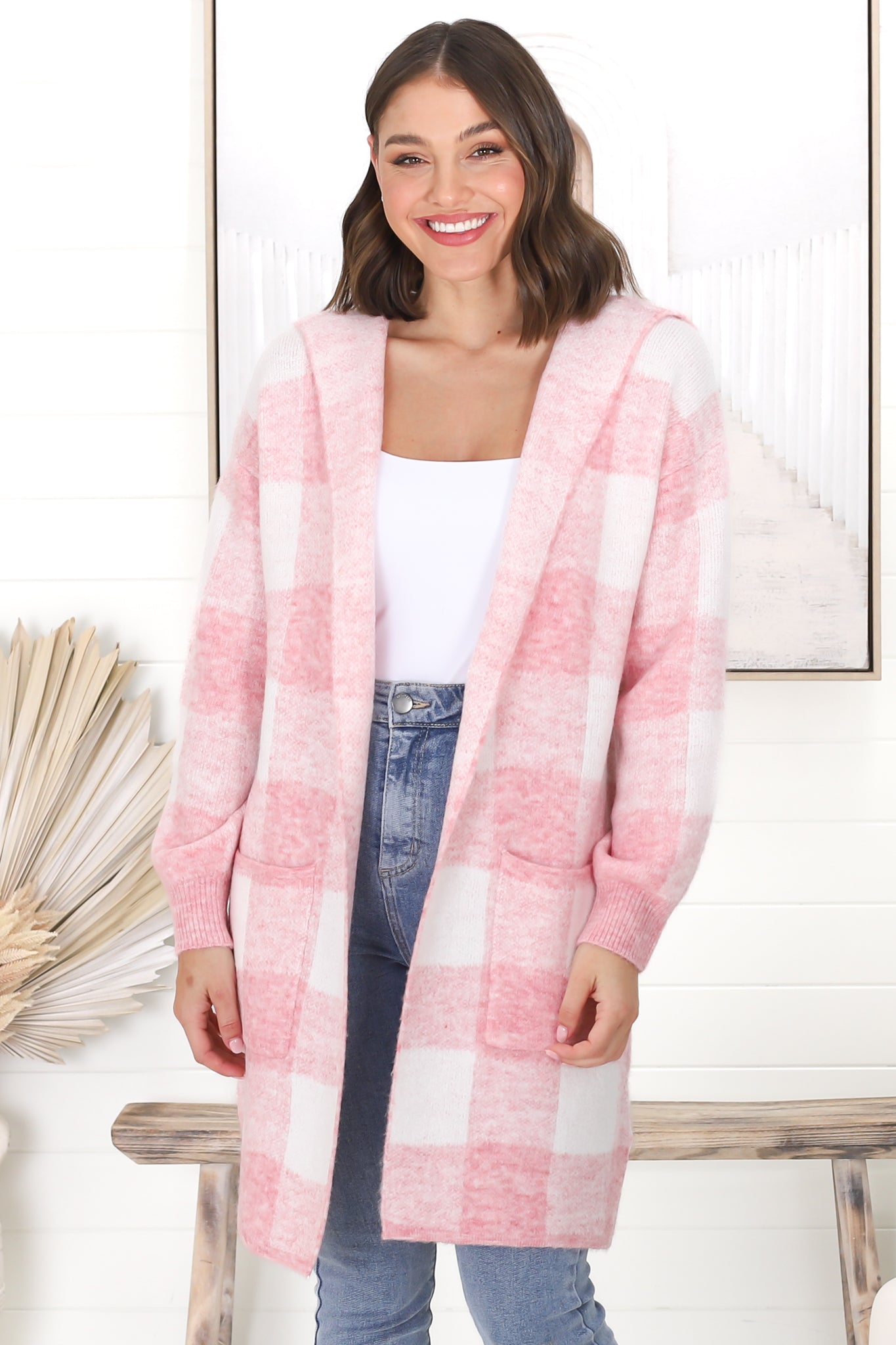 Nowel Cardigan - Hooded Checkered Cardigan with Pockets in Pink