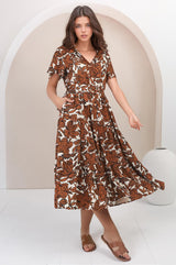 Luvira Midi Dress - Button Down Collared Dress With Statement Belt In Kallie Print