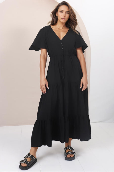 Anya Maxi Dress - Flutter Cap Sleeve Pull Tie Waist Dress in Black