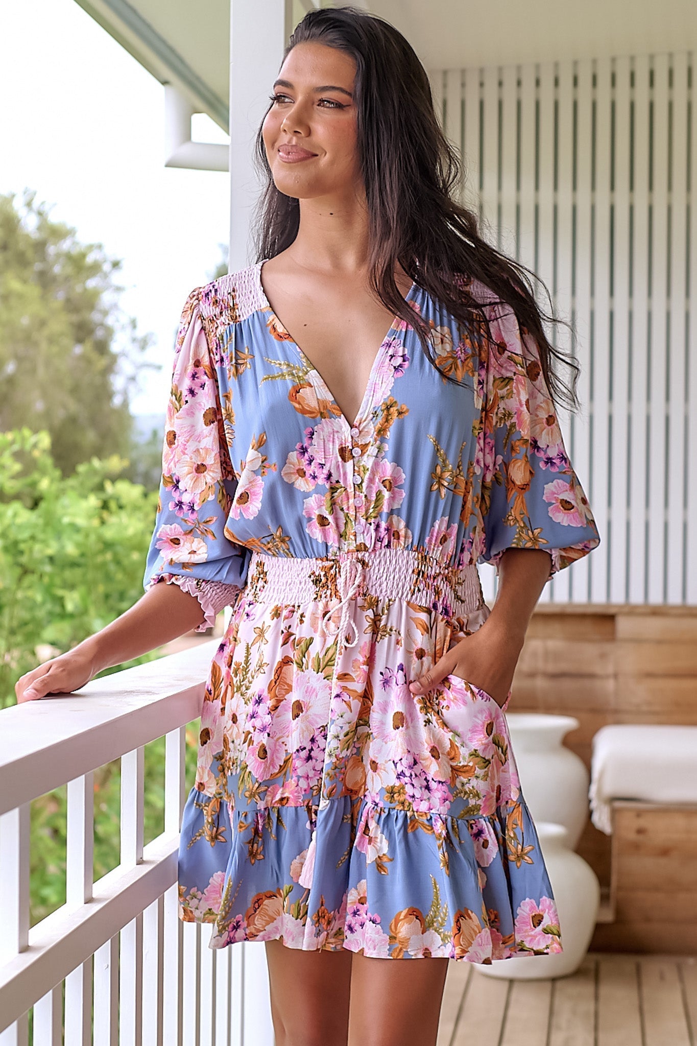 JAASE - Nusa Mini Dress: V Neck Elasticated Waist Dress with Balloon Sleeves in French Rose Print
