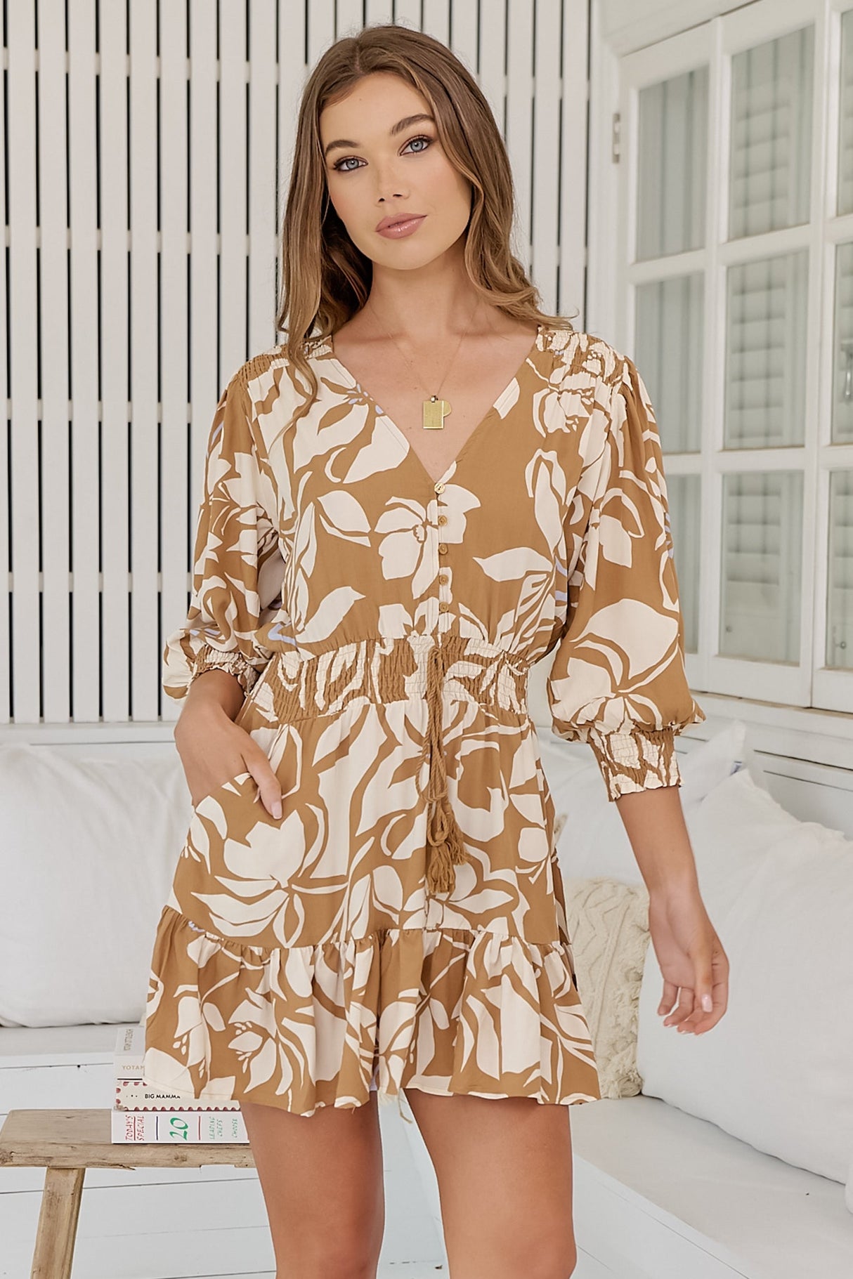 JAASE - Nusa Mini Dress: V Neck Elasticated Waist Dress with Balloon Sleeves in Champagne Mist Print