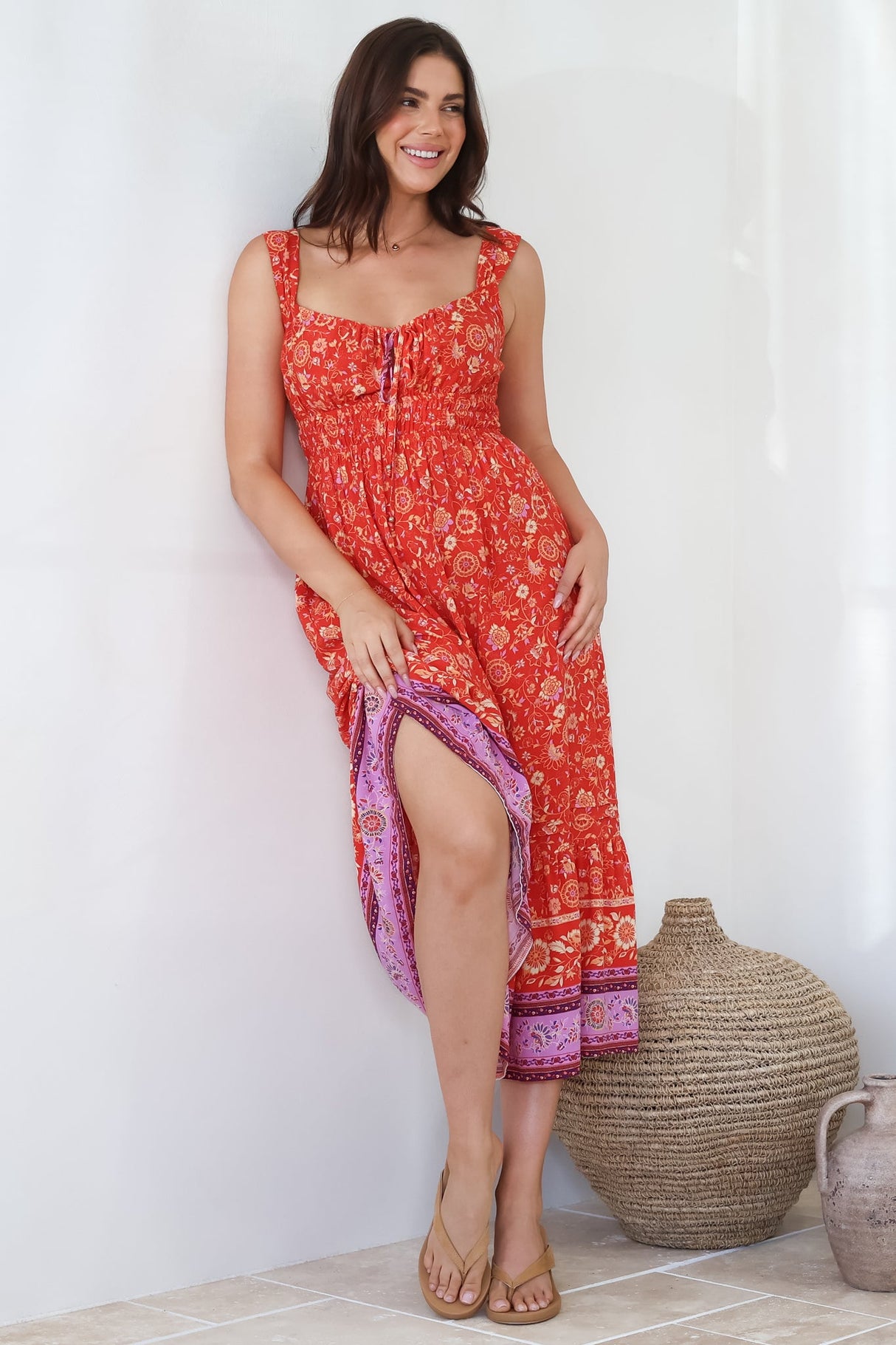 Nyra Midi Dress - Thick Strap Tie at Neckline A-Line Sun Dress in Maevi Print