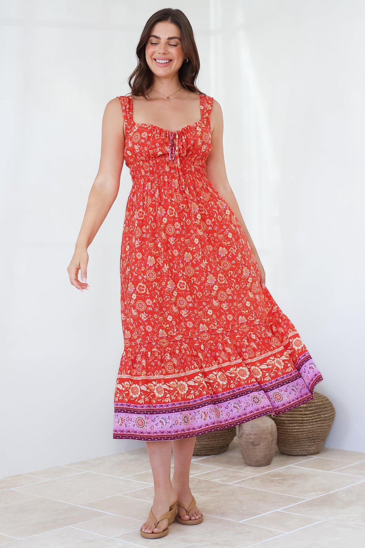 Nyra Midi Dress - Thick Strap Tie at Neckline A-Line Sun Dress in Maevi Print