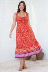 Nyra Midi Dress - Thick Strap Tie at Neckline A-Line Sun Dress in Maevi Print
