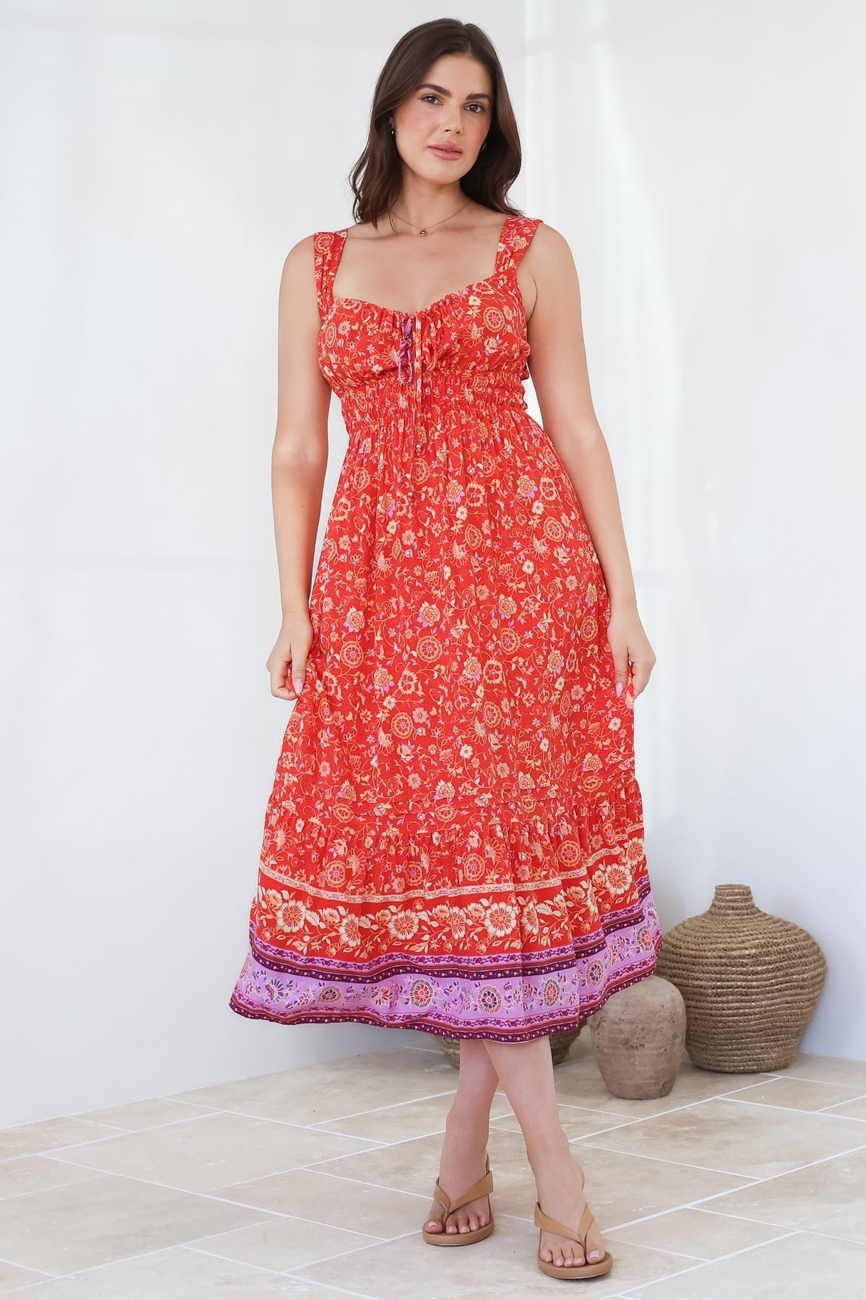 Nyra Midi Dress - Thick Strap Tie at Neckline A-Line Sun Dress in Maevi Print