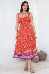 Nyra Midi Dress - Thick Strap Tie at Neckline A-Line Sun Dress in Maevi Print