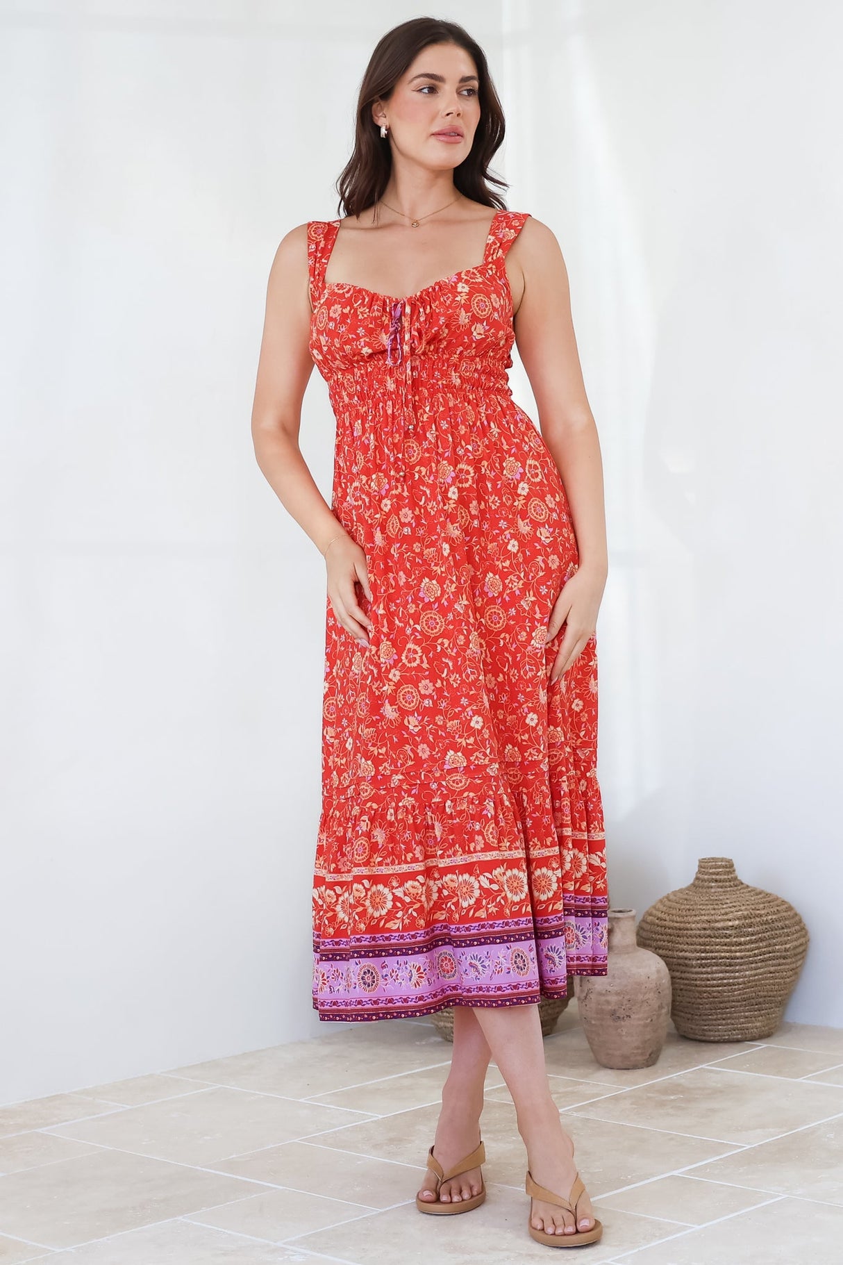 Nyra Midi Dress - Thick Strap Tie at Neckline A-Line Sun Dress in Maevi Print