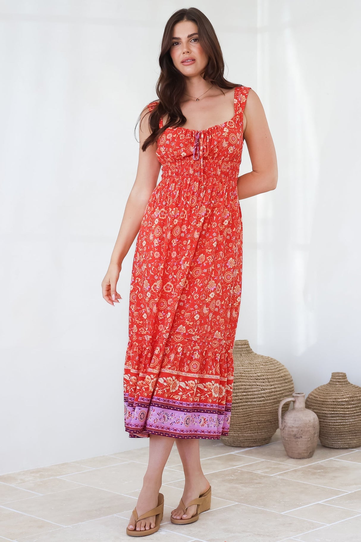 Nyra Midi Dress - Thick Strap Tie at Neckline A-Line Sun Dress in Maevi Print