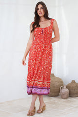 Nyra Midi Dress - Thick Strap Tie at Neckline A-Line Sun Dress in Maevi Print