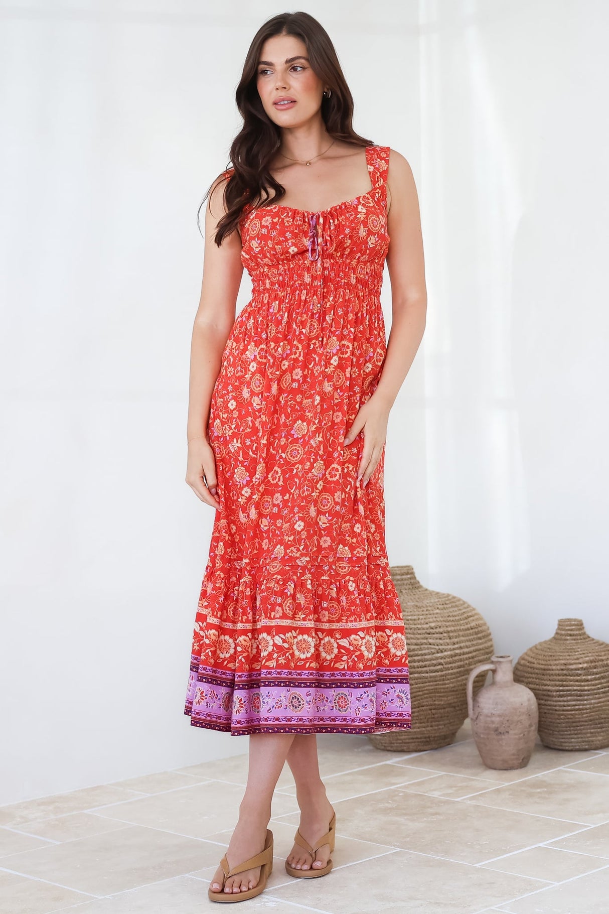 Nyra Midi Dress - Thick Strap Tie at Neckline A-Line Sun Dress in Maevi Print