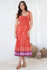 Nyra Midi Dress - Thick Strap Tie at Neckline A-Line Sun Dress in Maevi Print