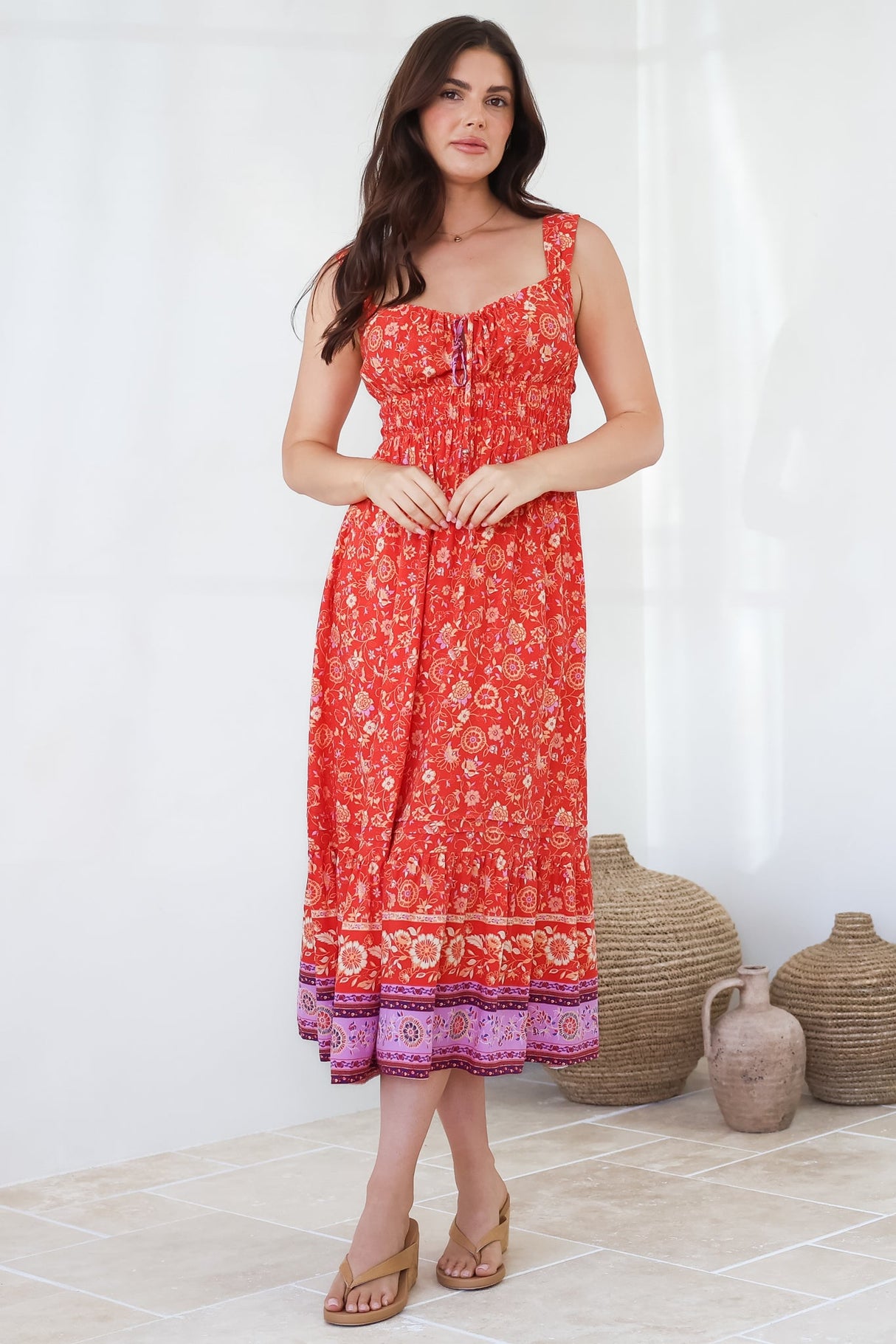 Nyra Midi Dress - Thick Strap Tie at Neckline A-Line Sun Dress in Maevi Print