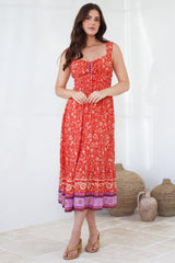 Nyra Midi Dress - Thick Strap Tie at Neckline A-Line Sun Dress in Maevi Print