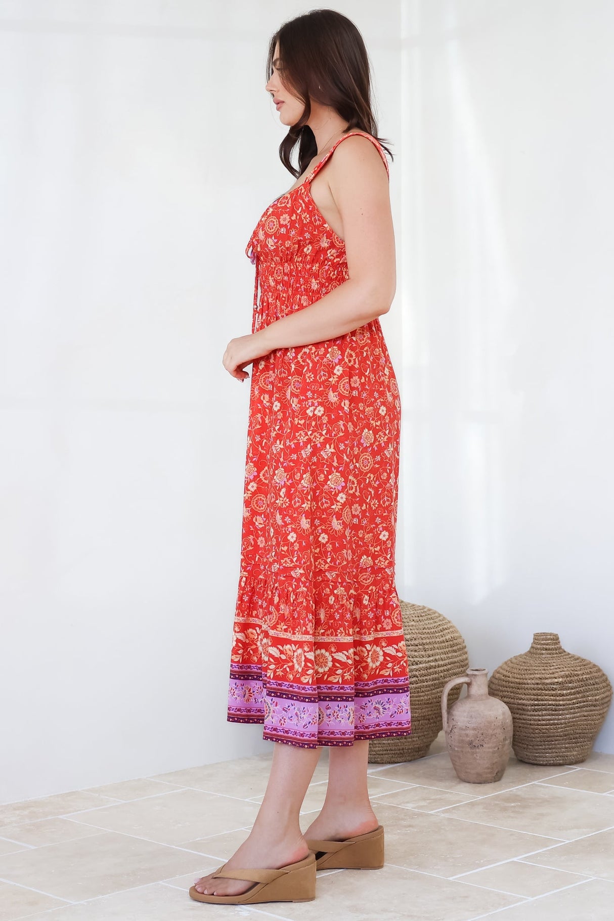Nyra Midi Dress - Thick Strap Tie at Neckline A-Line Sun Dress in Maevi Print