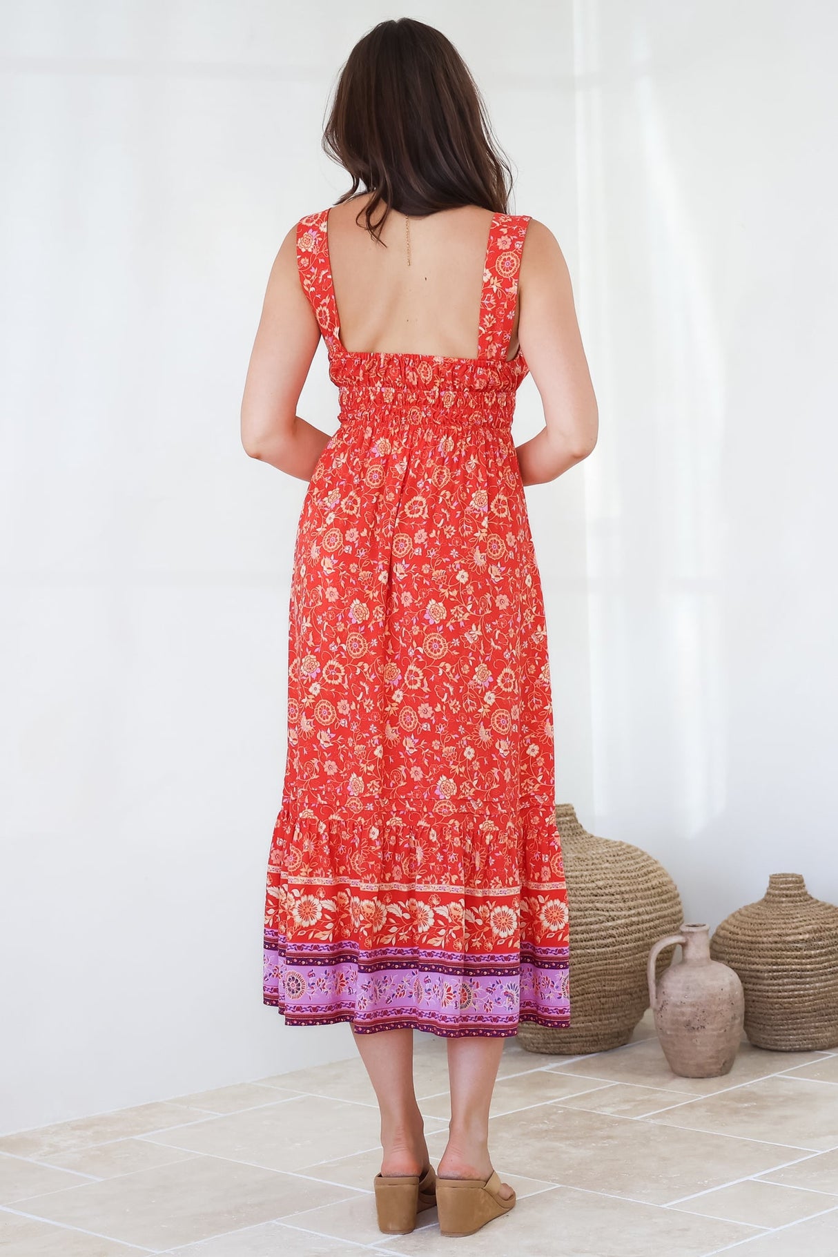 Nyra Midi Dress - Thick Strap Tie at Neckline A-Line Sun Dress in Maevi Print