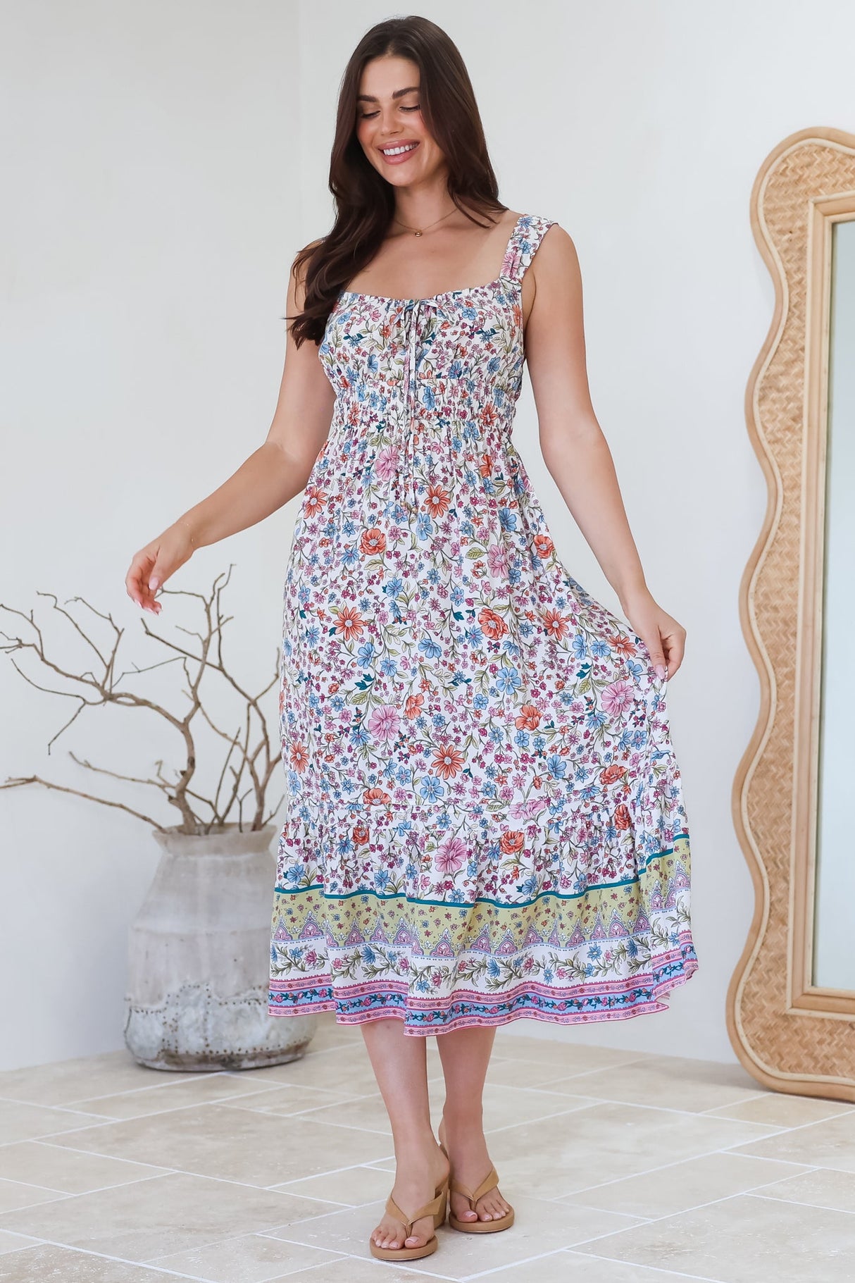 Nyra Midi Dress - Thick Strap Tie at Neckline A-Line Sun Dress in Scottie Print