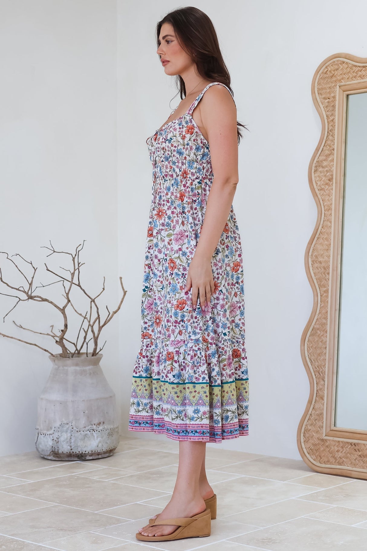 Nyra Midi Dress - Thick Strap Tie at Neckline A-Line Sun Dress in Scottie Print