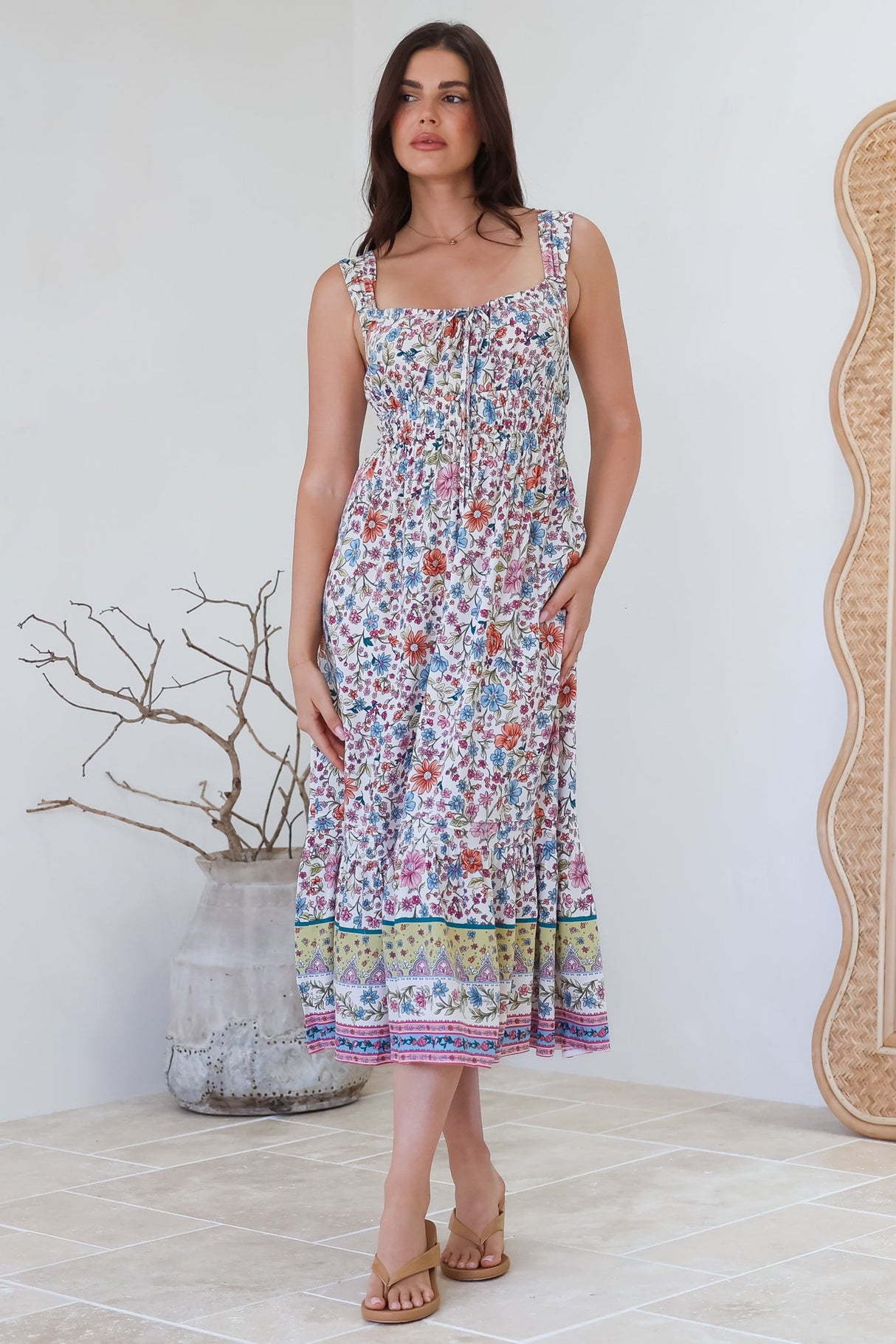 Nyra Midi Dress - Thick Strap Tie at Neckline A-Line Sun Dress in Scottie Print