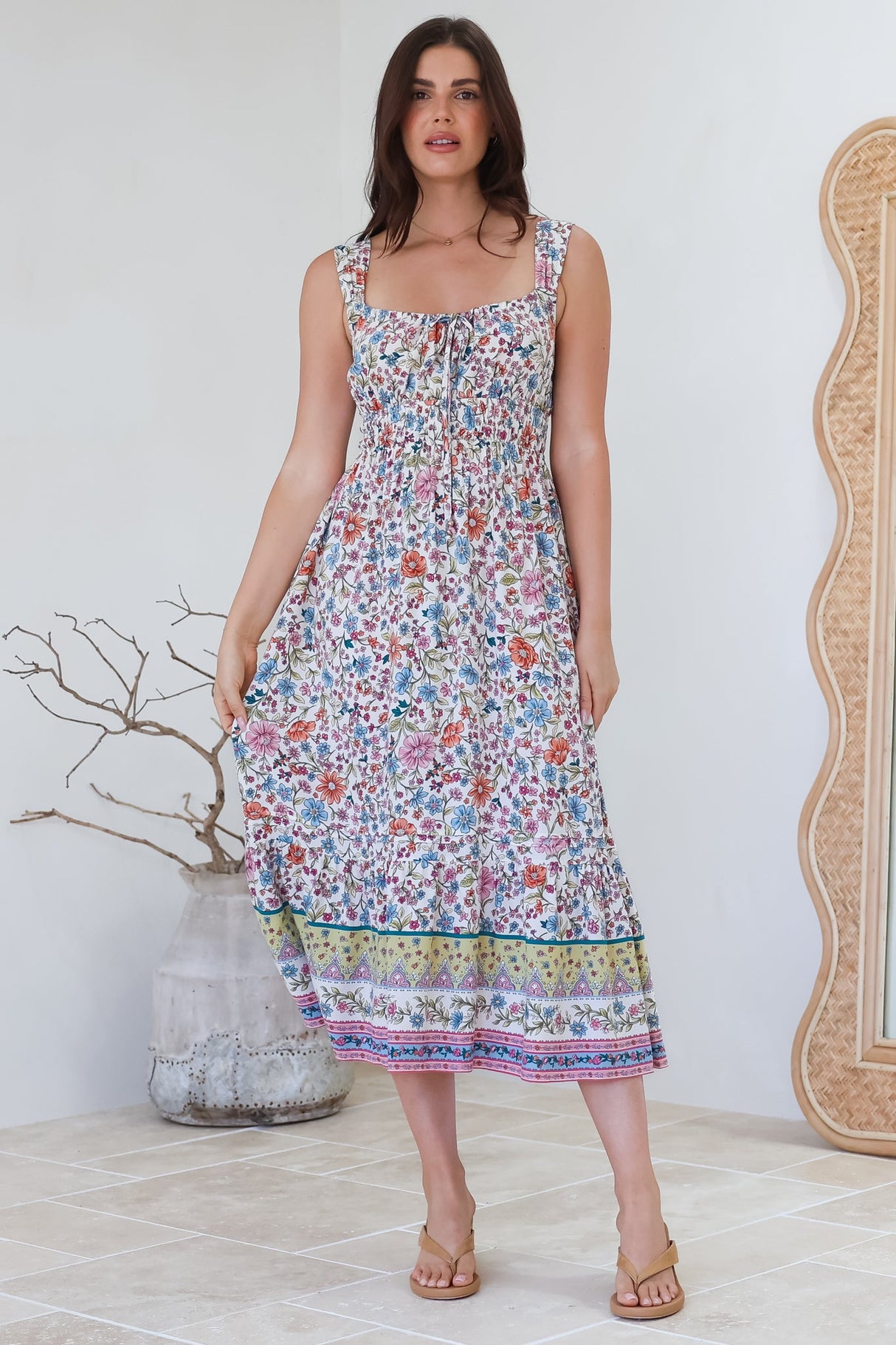 Nyra Midi Dress - Thick Strap Tie at Neckline A-Line Sun Dress in Scottie Print