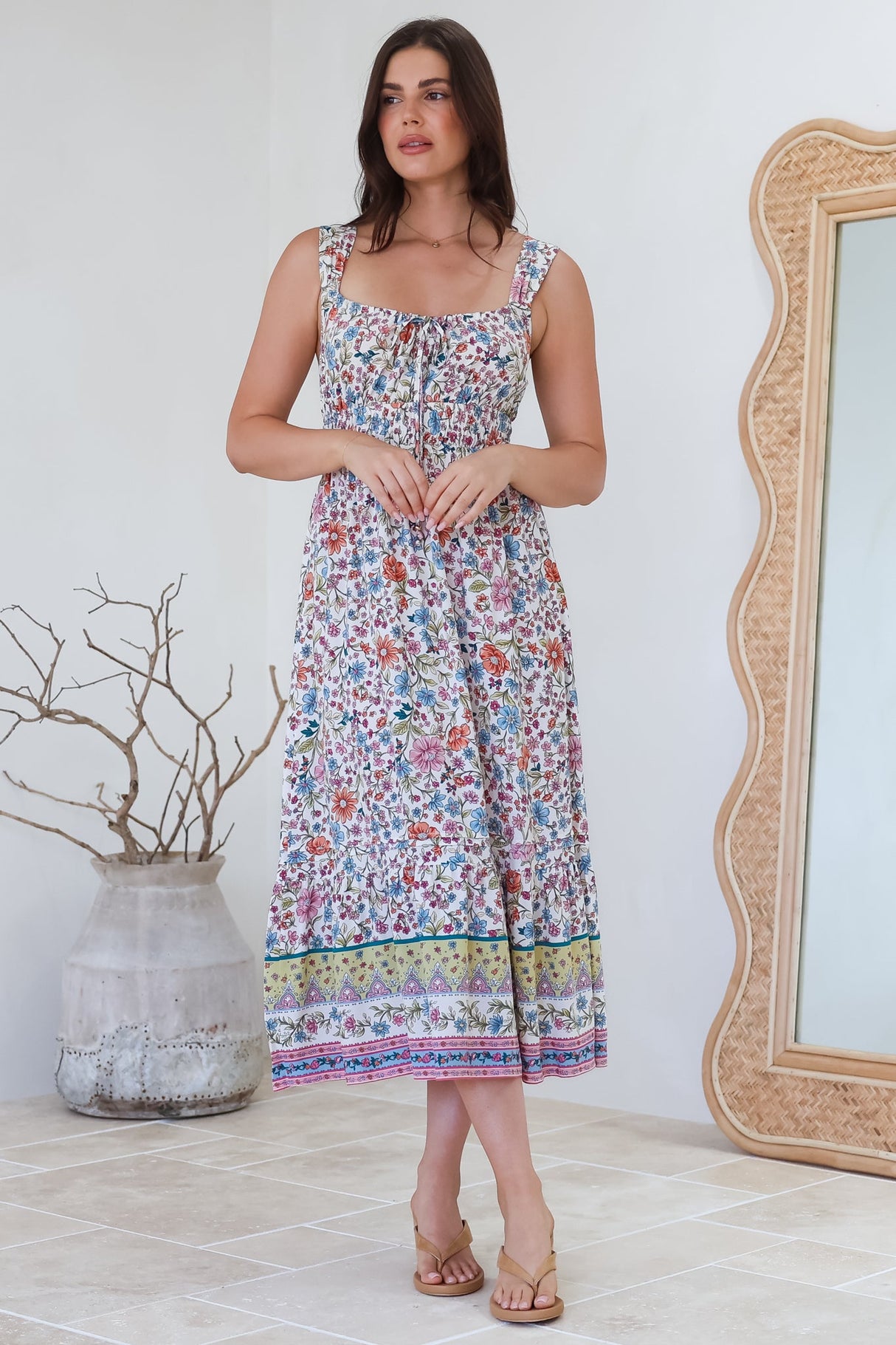 Nyra Midi Dress - Thick Strap Tie at Neckline A-Line Sun Dress in Scottie Print