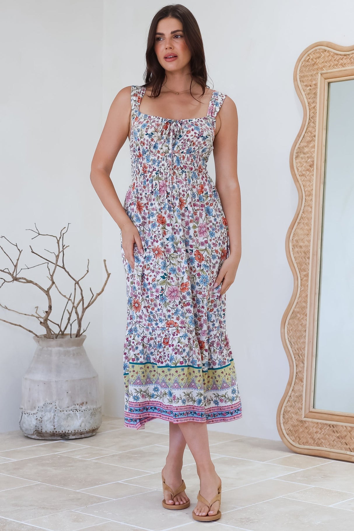 Nyra Midi Dress - Thick Strap Tie at Neckline A-Line Sun Dress in Scottie Print
