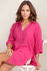 Beachly Shirt - Folded Collar Button Down Relaxed Shirt In Hot Pink