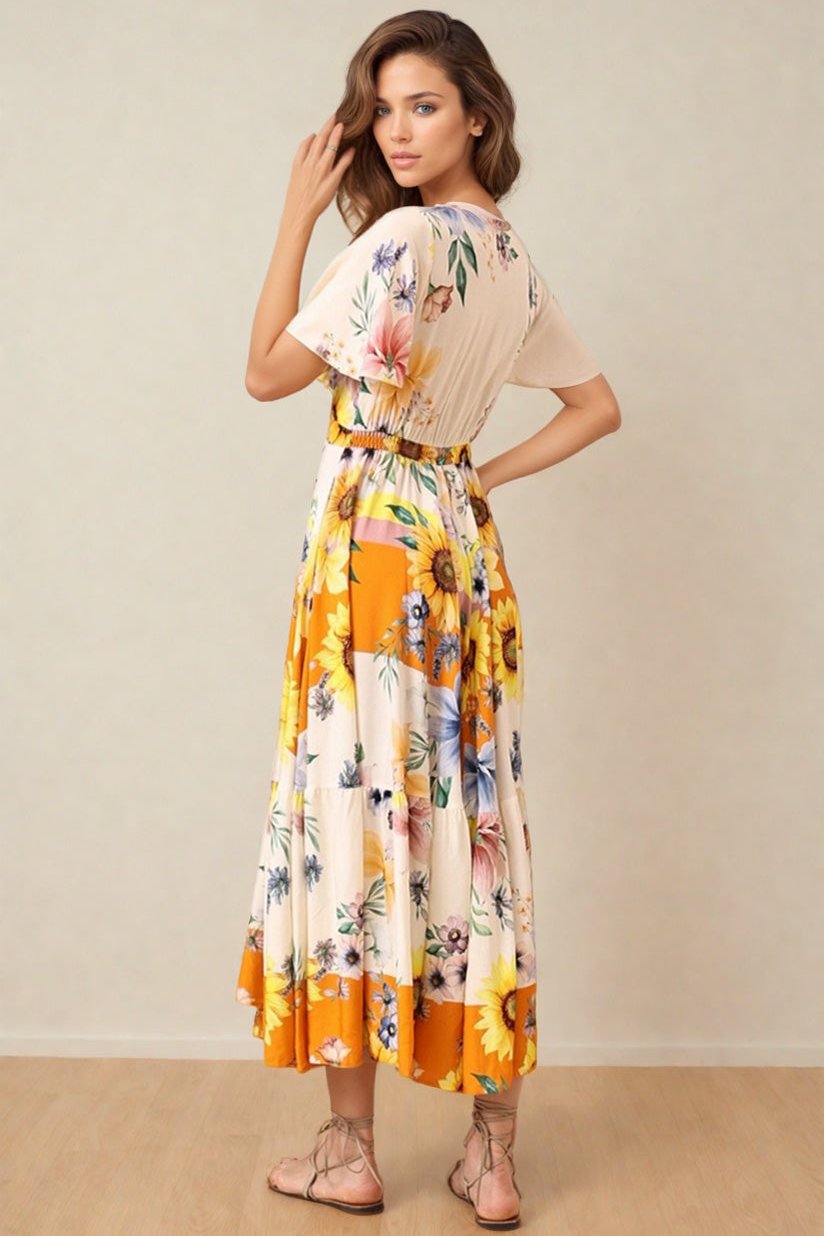 Libby Maxi Dress - Flutter Cap Sleeve Button Waist Detailed A Line Dress in Tansy Print