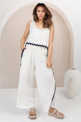 Bailie Linen Set - Boxy Top and Pant Set with Rick Rack Detailing in White