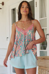 JAASE - Oakes Cami: Lace Trim Neckline Camisole with Adjustable Straps in Ocean Lullaby Print