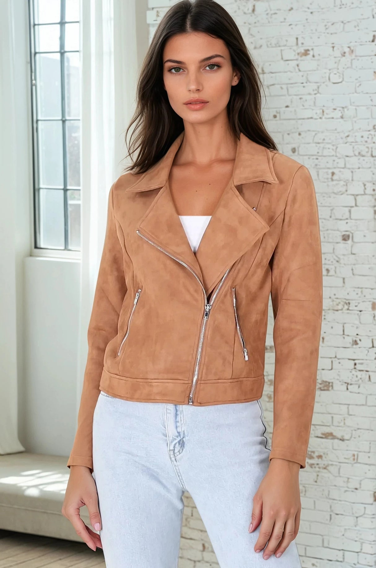 Oakley Jacket - Faux Suede Biker Jacket in Tan