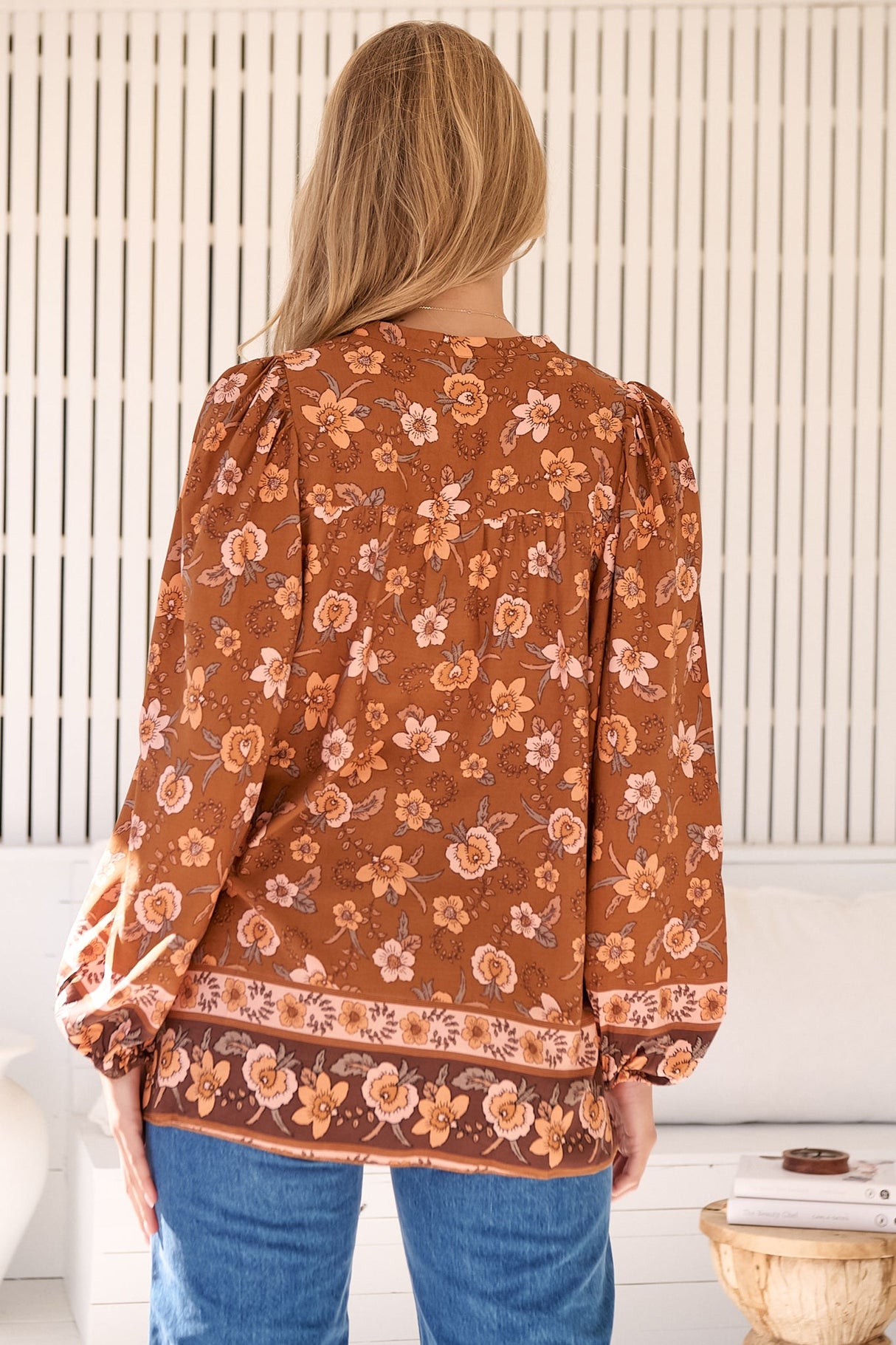 JAASE - Oakwood Blouse: Mandarin Collar Long Sleeve Button Down in Aubrey Print