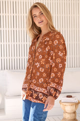 JAASE - Oakwood Blouse: Mandarin Collar Long Sleeve Button Down in Aubrey Print