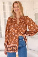 JAASE - Oakwood Blouse: Mandarin Collar Long Sleeve Button Down in Aubrey Print