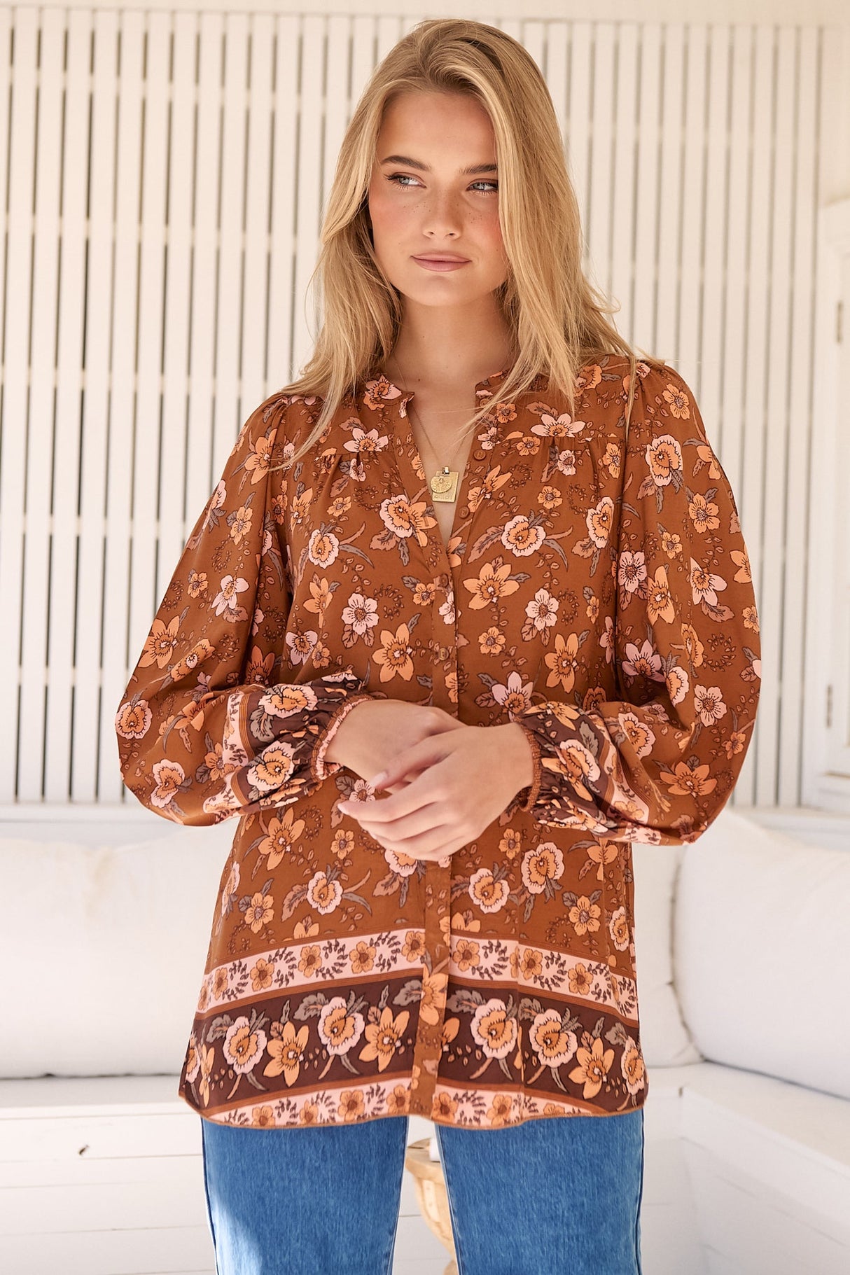 JAASE - Oakwood Blouse: Mandarin Collar Long Sleeve Button Down in Aubrey Print