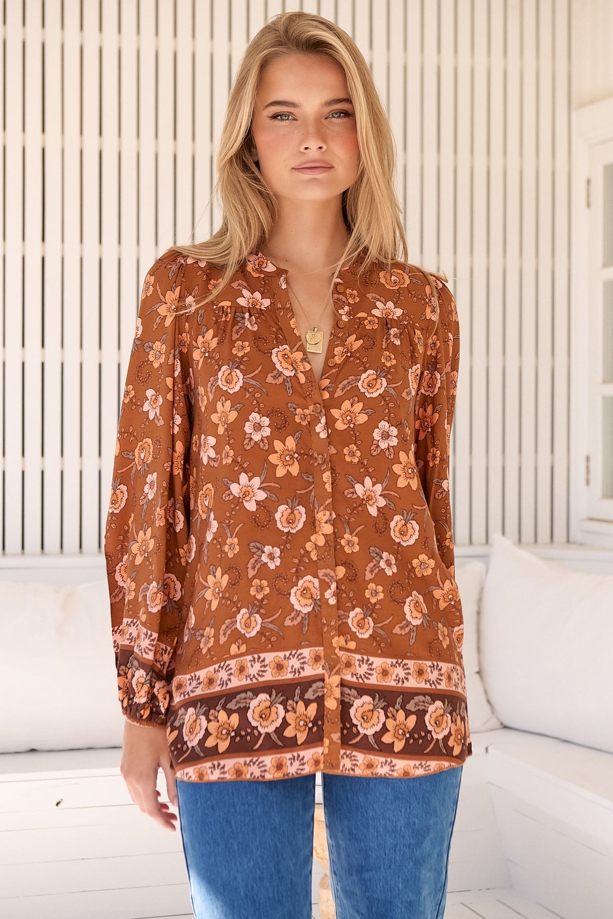 JAASE - Oakwood Blouse: Mandarin Collar Long Sleeve Button Down in Aubrey Print