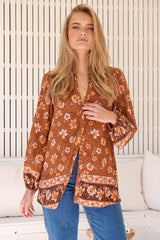 JAASE - Oakwood Blouse: Mandarin Collar Long Sleeve Button Down in Aubrey Print