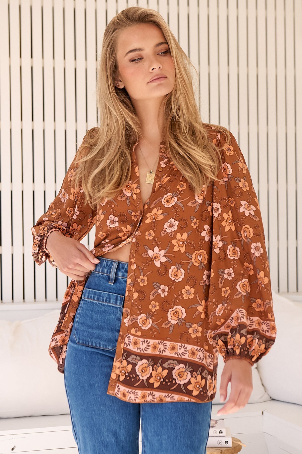 JAASE - Oakwood Blouse: Mandarin Collar Long Sleeve Button Down in Aubrey Print