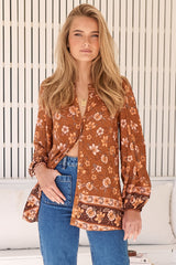 JAASE - Oakwood Blouse: Mandarin Collar Long Sleeve Button Down in Aubrey Print