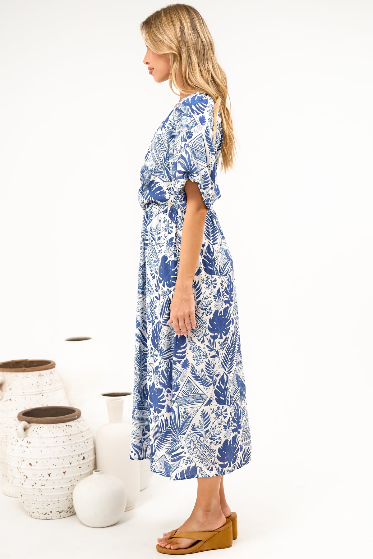 Obsidia Midi Dress - Asymmetric Cross Over Bodice A Line Dress with Short Puff Sleeves in Seychelle Print