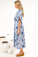 Obsidia Midi Dress - Asymmetric Cross Over Bodice A Line Dress with Short Puff Sleeves in Seychelle Print