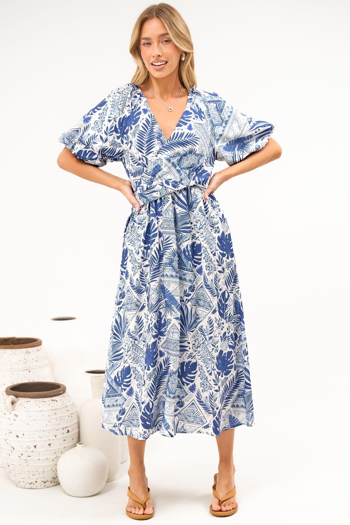 Obsidia Midi Dress - Asymmetric Cross Over Bodice A Line Dress with Short Puff Sleeves in Seychelle Print