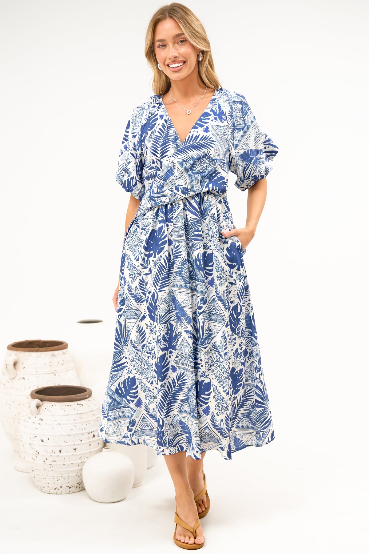 Obsidia Midi Dress - Asymmetric Cross Over Bodice A Line Dress with Short Puff Sleeves in Seychelle Print