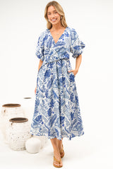 Obsidia Midi Dress - Asymmetric Cross Over Bodice A Line Dress with Short Puff Sleeves in Seychelle Print